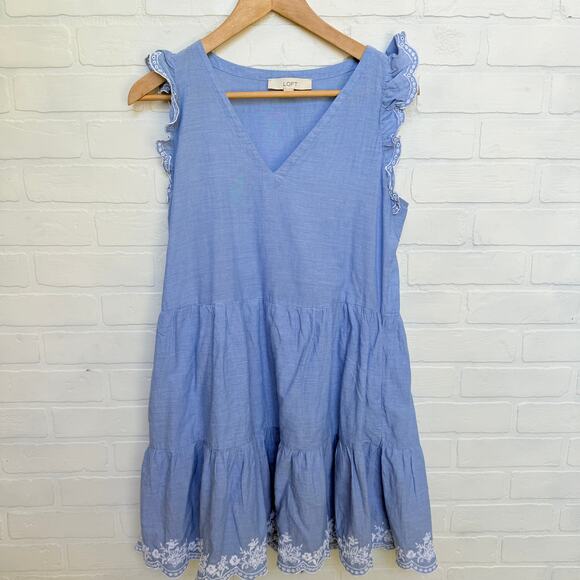 LOFT Dresses & Skirts - LOFT Women's Light Blue 100% Cotton Flutter Scalloped Sleeve Dress -sz S